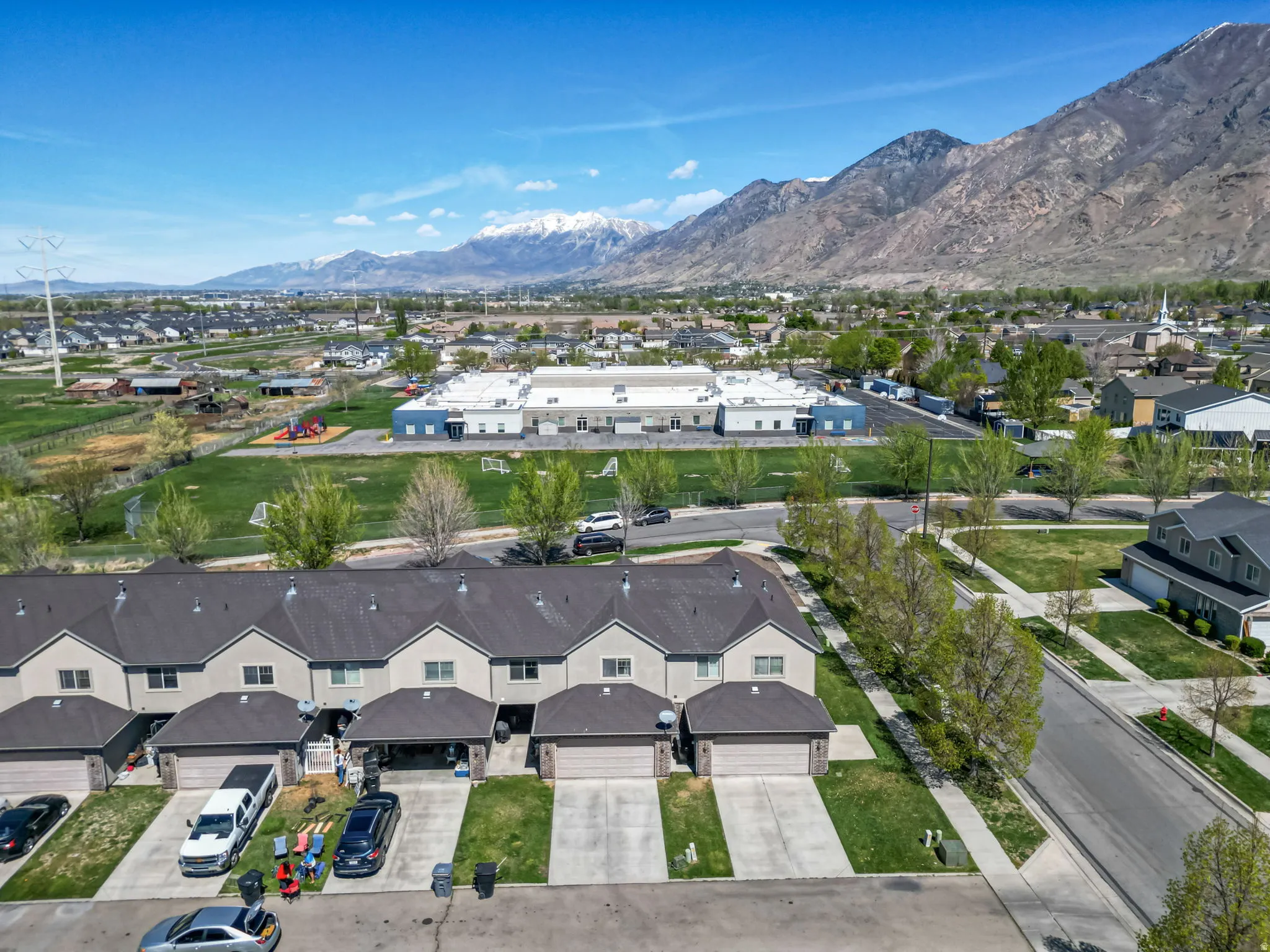 Aerial perspective of suburban area featuring mountains