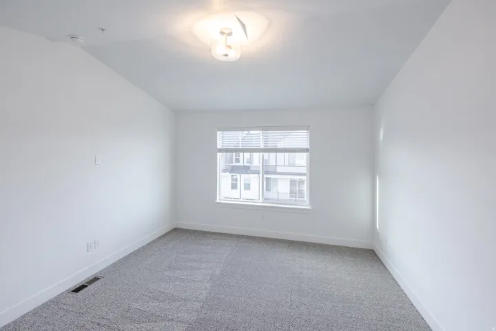 Neutral wall paint, window with blinds, ceiling-mounted light fixture, and textured gray carpeting