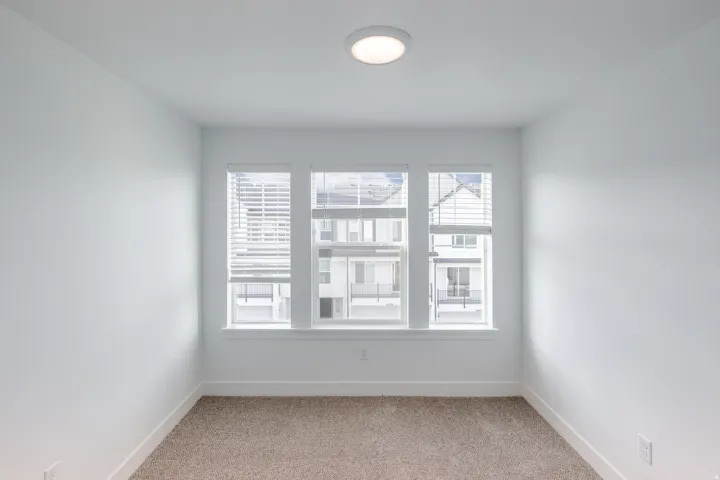 Wall-to-wall carpeting, three large windows, white window blinds, and a ceiling-mounted light fixture