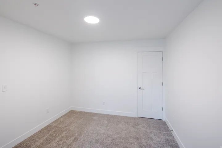 Recessed ceiling lighting, white interior door with three-panel design, white trim, and gray carpet