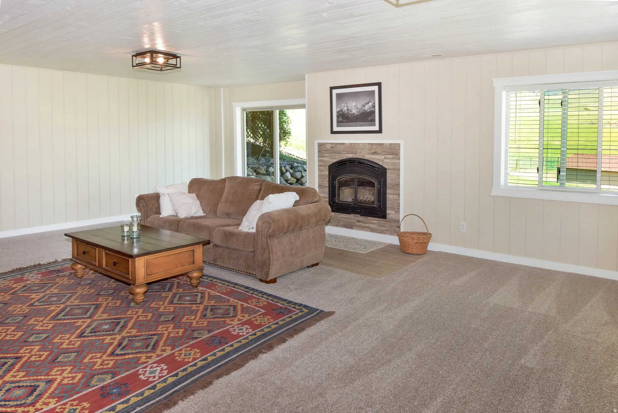 Living room with carpet flooring, wood walls, and a glass covered fireplace