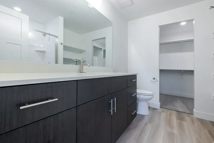Dual-sink vanity with a light-toned countertop and dark wood-finish cabinetry