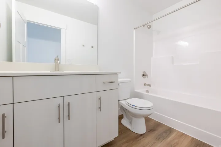 Full bathroom featuring a single vanity with stone-finish countertop, wood-finish flooring, and a shower-tub combination with white surround