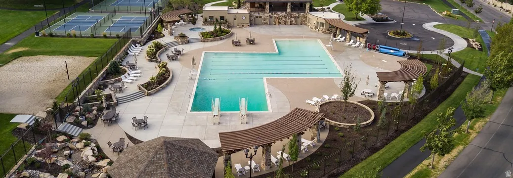 Drone / aerial view of a pool