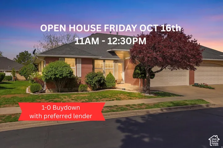 Single-story exterior featuring a brick facade, asphalt shingle roof, multi-car garage, and landscaped front yard