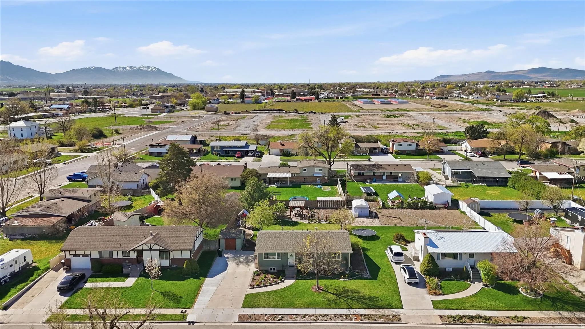 Aerial view of residential area with mountains