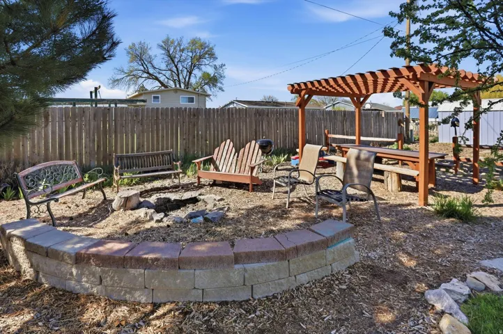 Fenced backyard with a patio area and a pergola