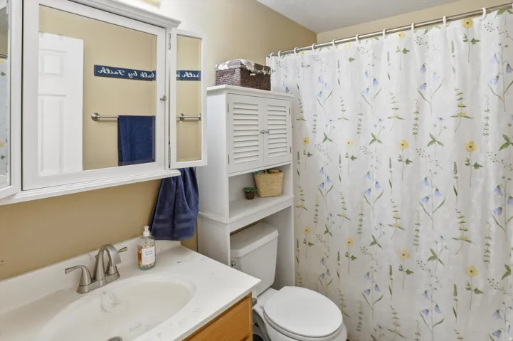 Bathroom featuring vanity and curtained shower