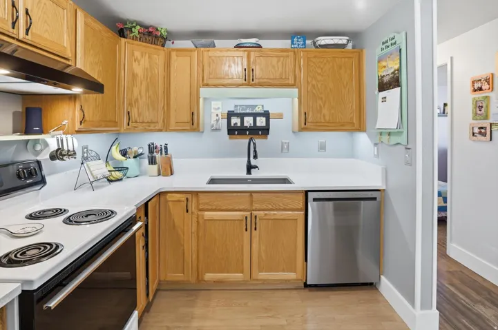 Kitchen featuring electric range, dishwasher, light wood-type flooring, and open shelves