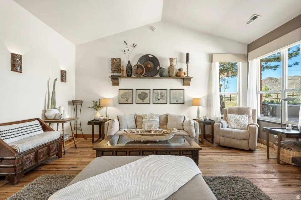Living area with wood-type flooring