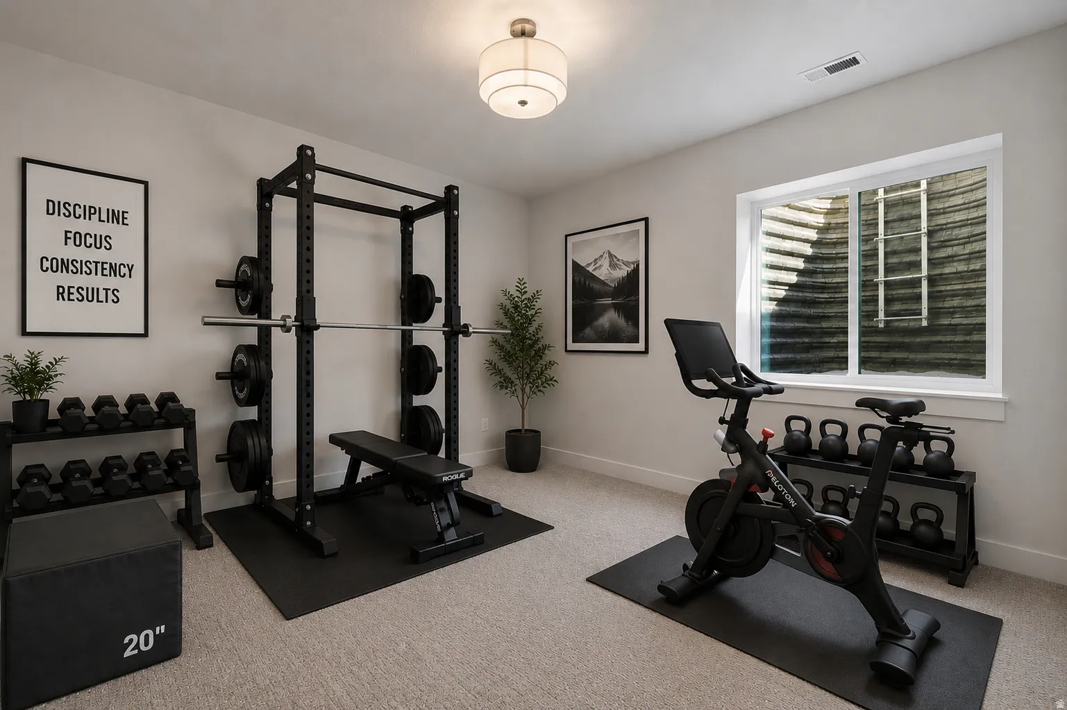 Carpeted room featuring a white window, recessed lighting, and light-toned walls