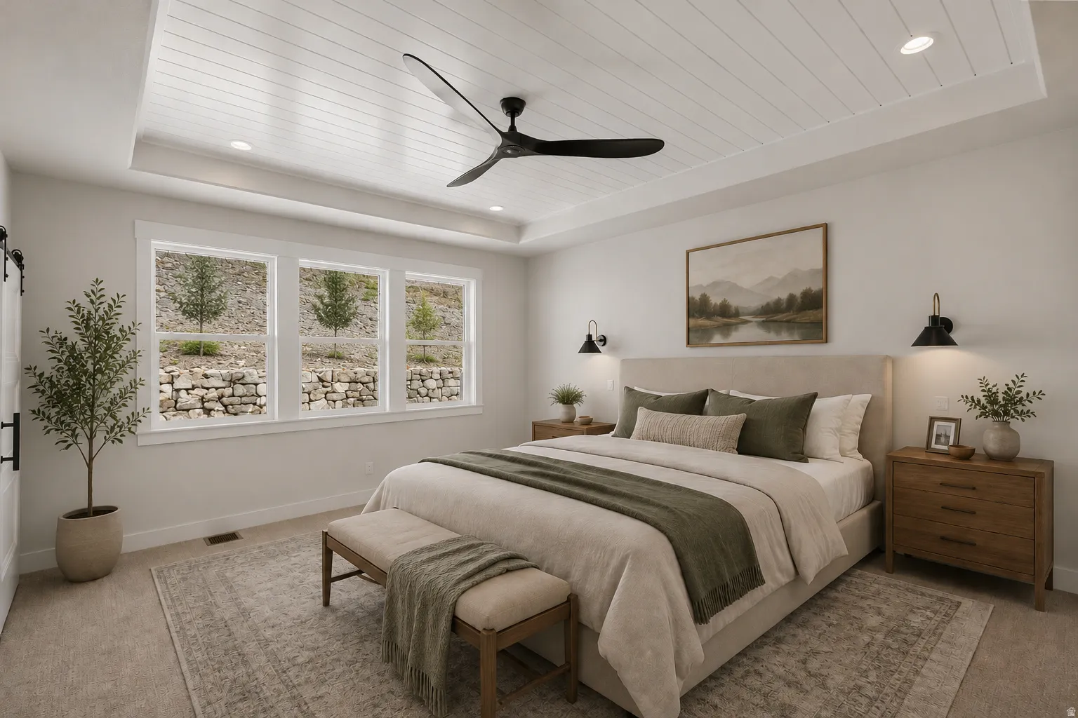 Recessed tray ceiling with shiplap detailing and integrated lighting