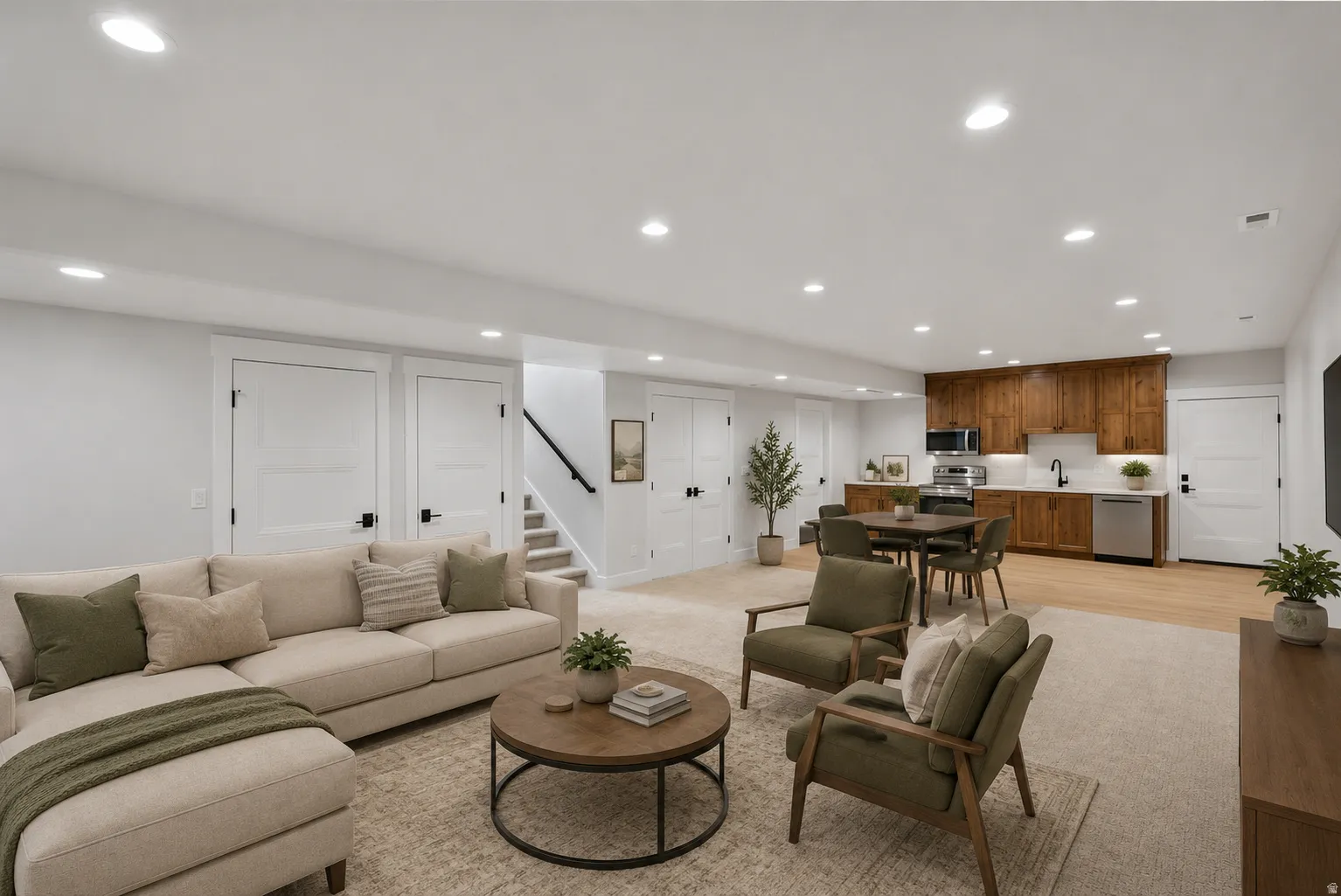 Spacious open-concept recreation area featuring recessed lighting, a full staircase, and a built-in wet bar with wood cabinetry and a stainless steel dishwasher