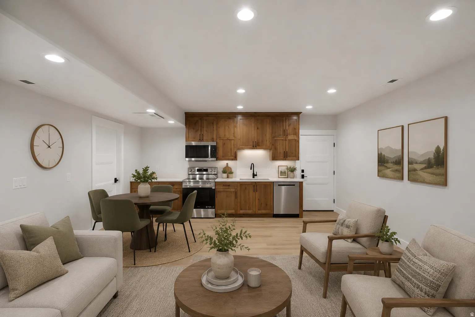 Open-concept living area featuring light wood-finish flooring, recessed lighting, and white walls