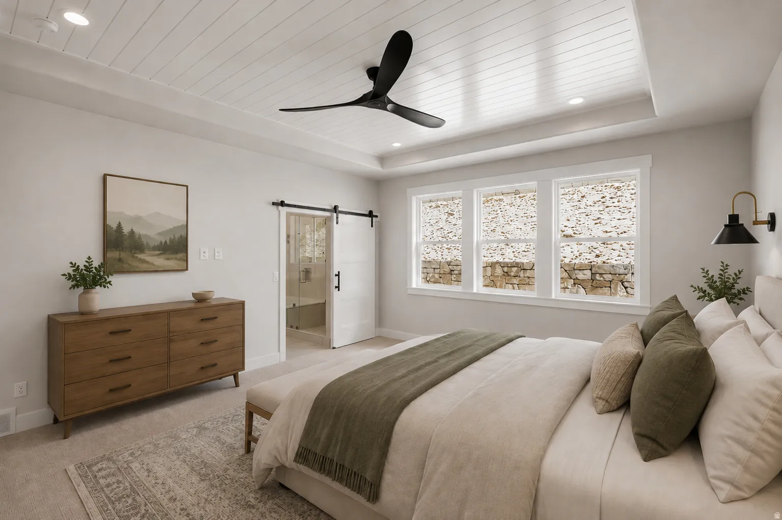 Tray ceiling with shiplap accent and recessed lighting