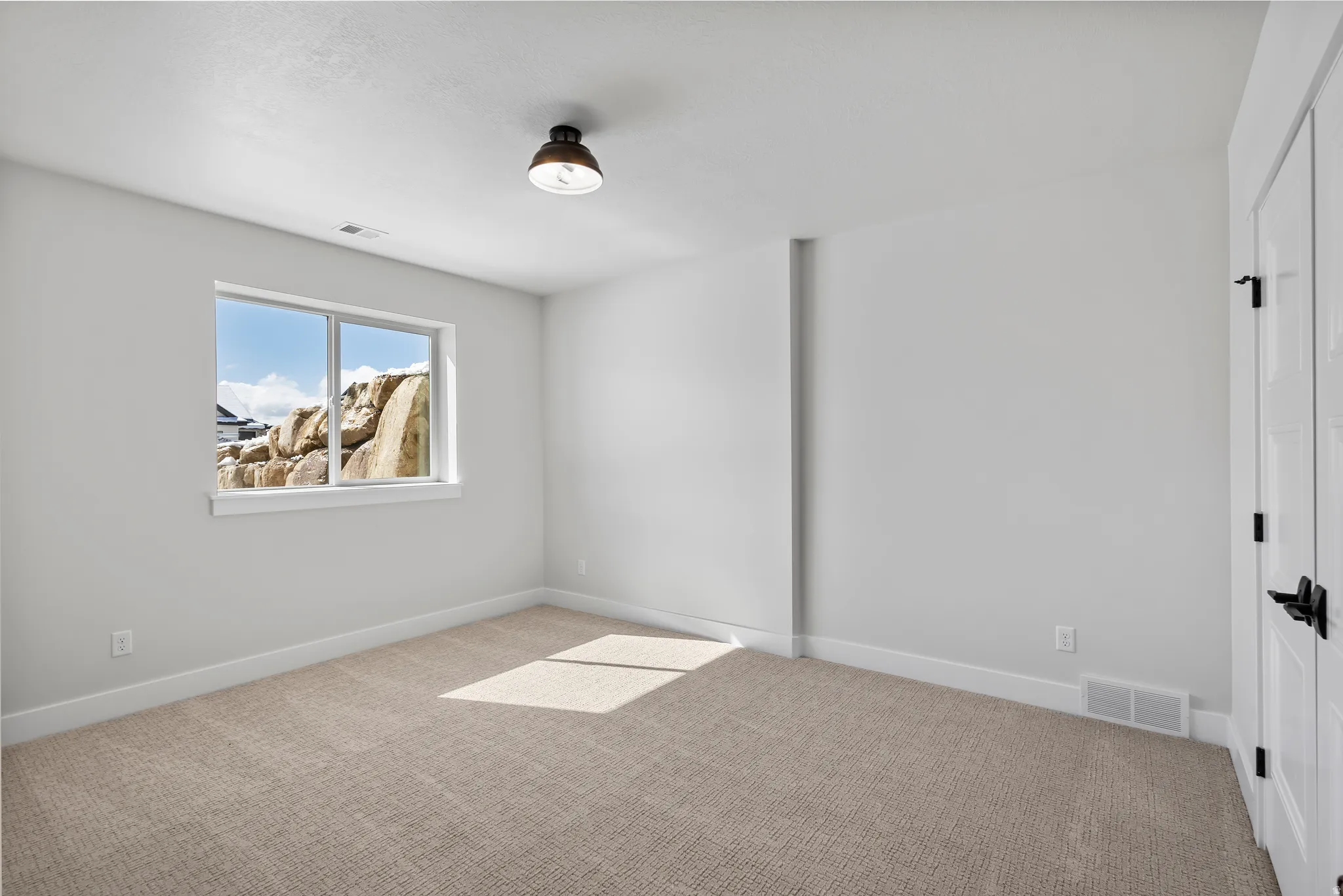 Carpeted room featuring a double-pane window, modern semi-flush mount light fixture, white baseboards, and a white paneled door with black hardware