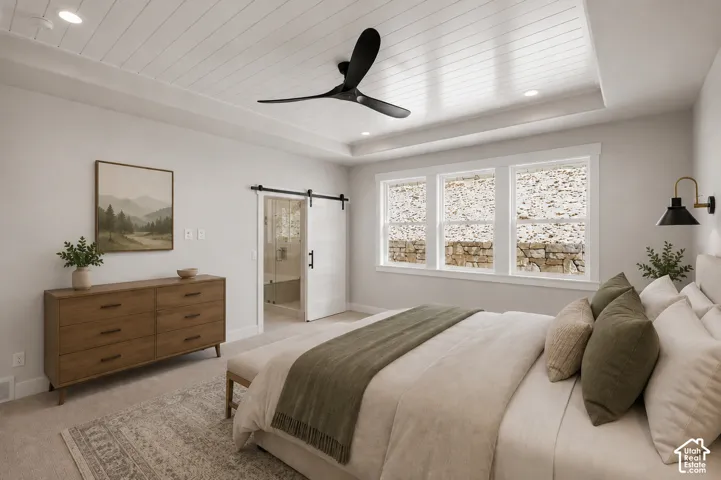 Tray ceiling with shiplap accent and recessed lighting