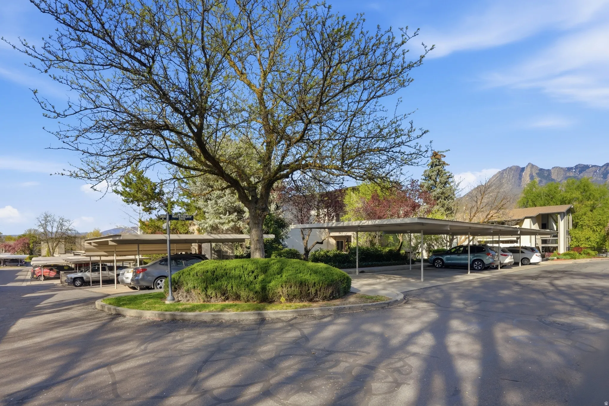 Covered parking lot with a mountain view