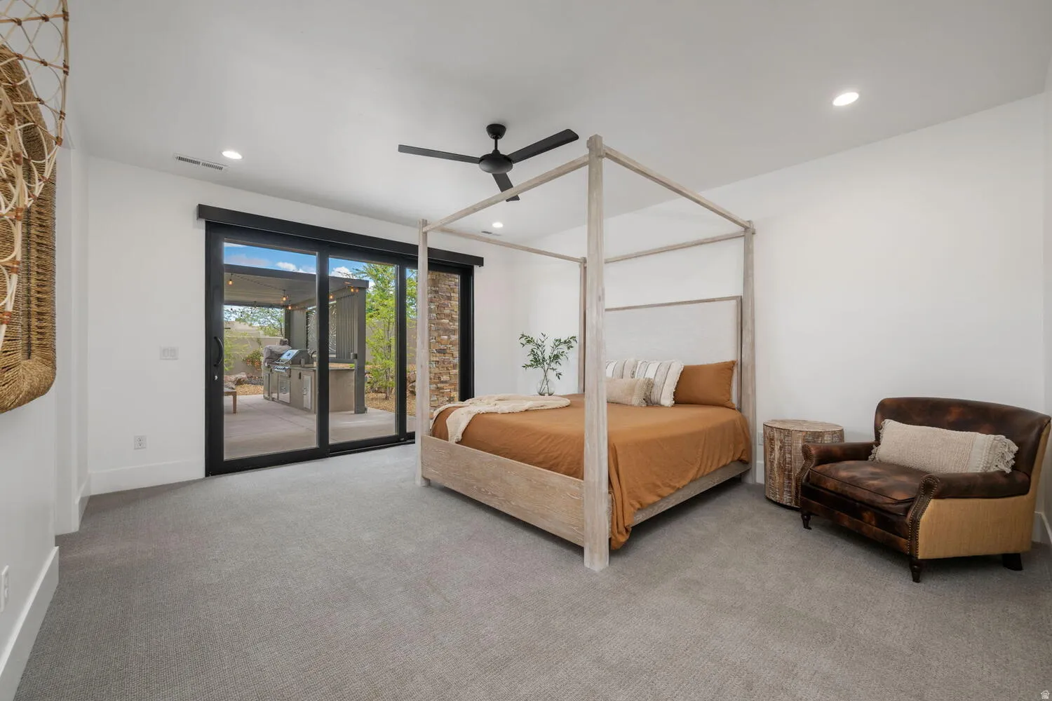 Bedroom featuring light carpet, access to exterior, ceiling fan, and recessed lighting