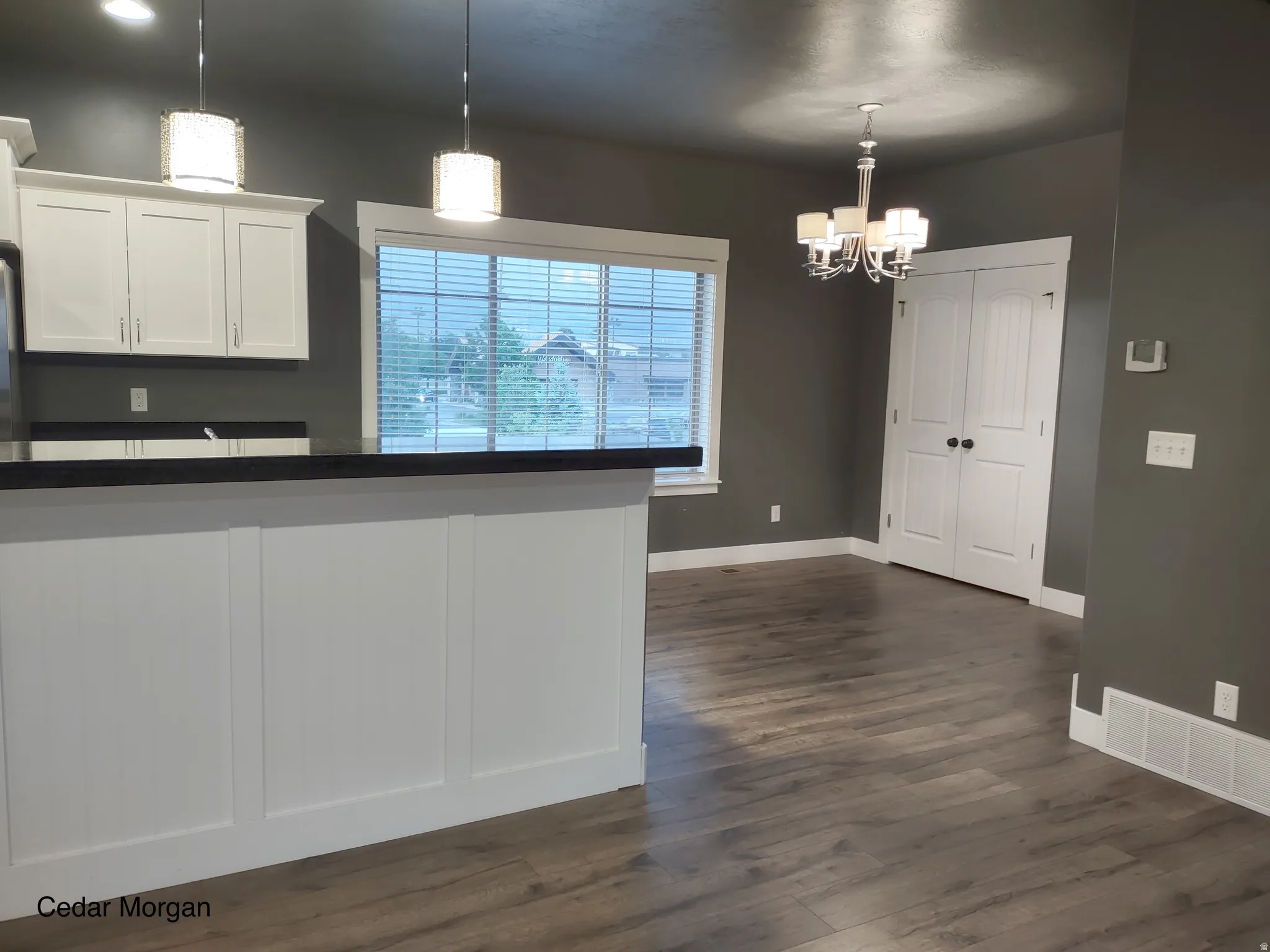 Kitchen featuring white cabinets, dark countertops, dark wood finished floors, and suspended lighting