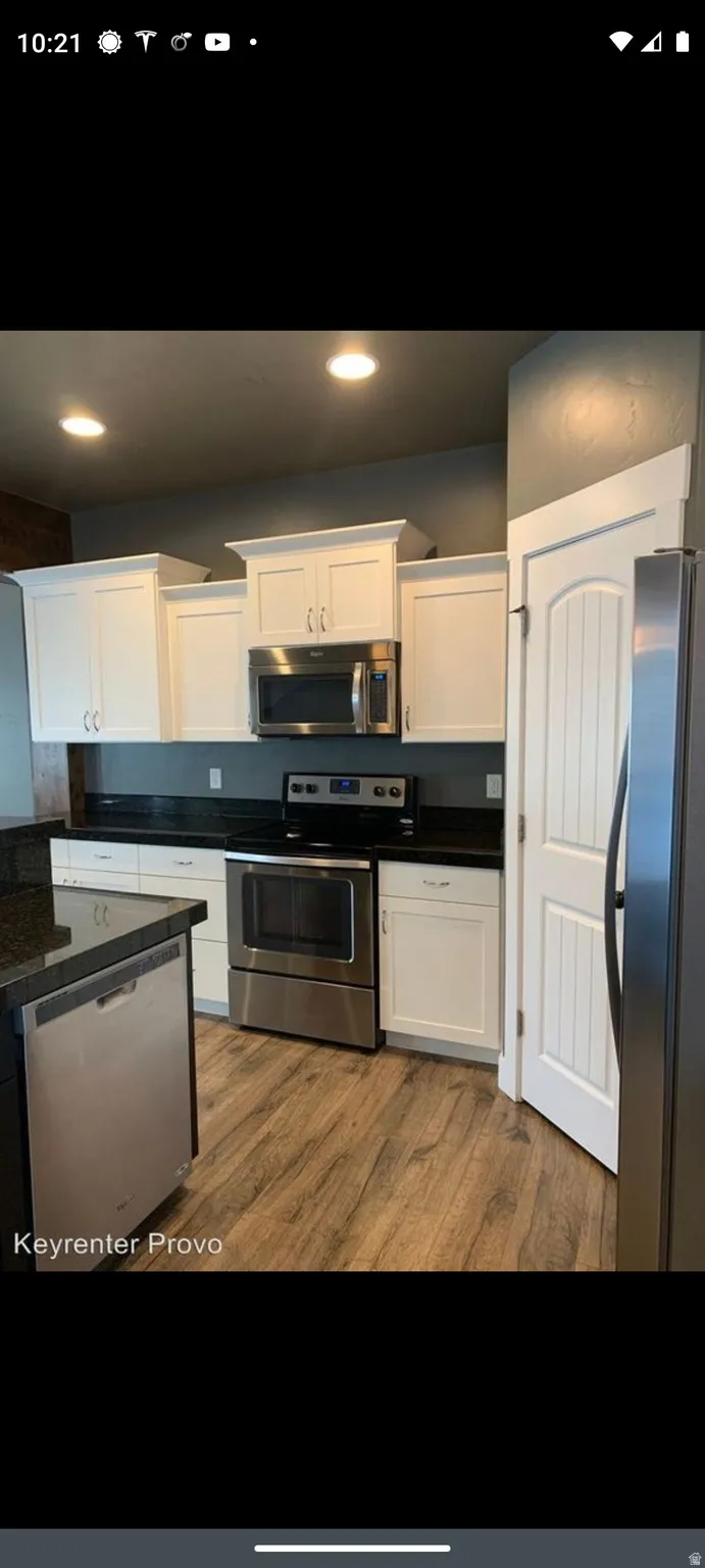 Kitchen with stainless steel appliances, white cabinetry, dark wood-type flooring, and recessed lighting