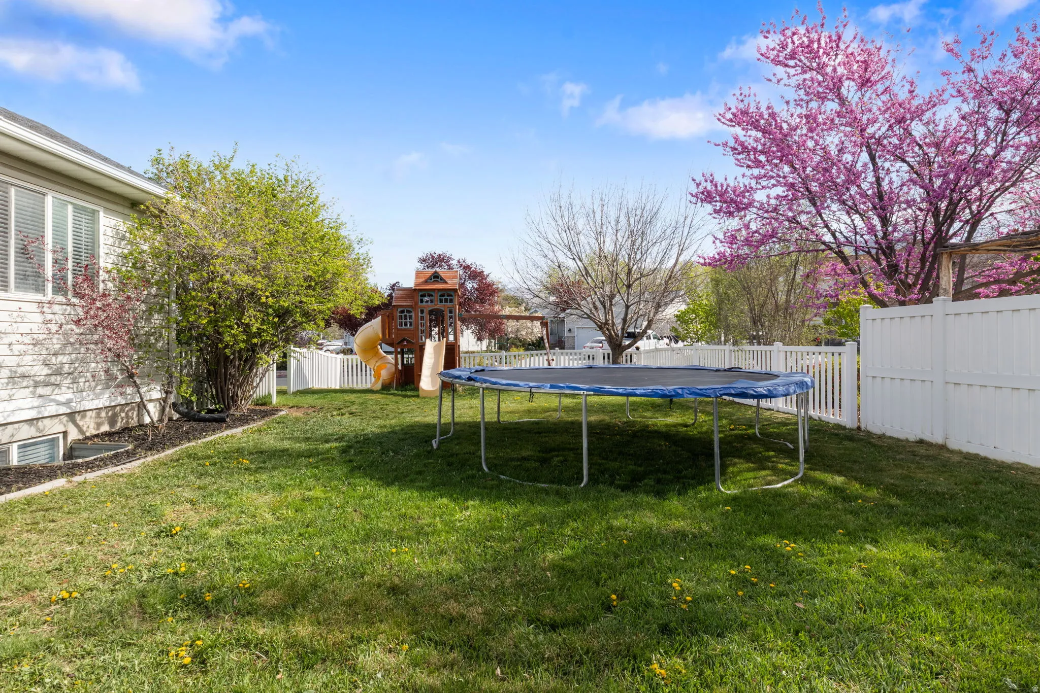 Fenced backyard featuring a trampoline