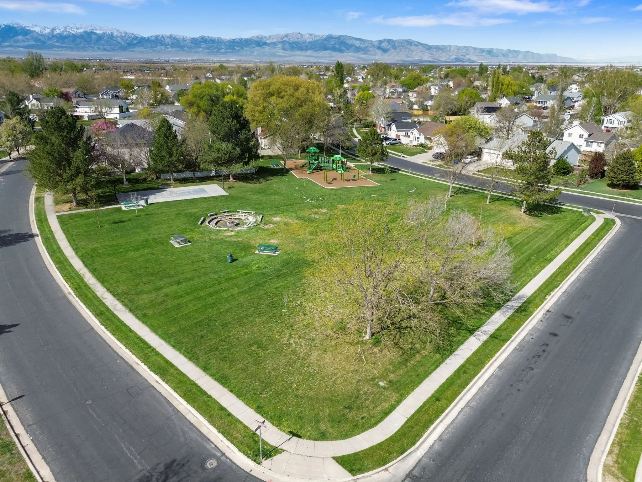 Aerial perspective of Woodland Park across the street