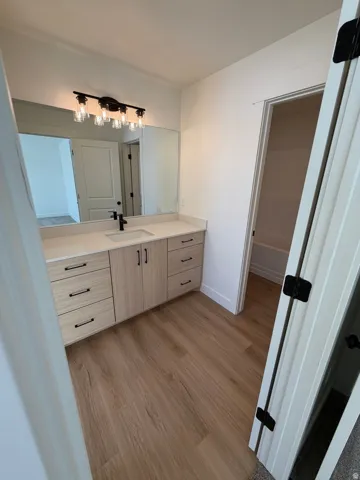 Full bathroom featuring light wood finished floors and vanity