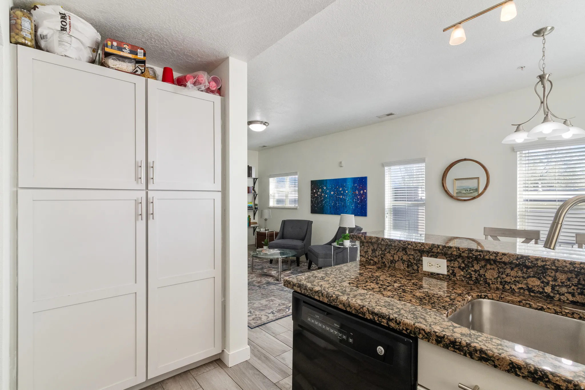Kitchen with black dishwasher, white cabinets and granite countertops.