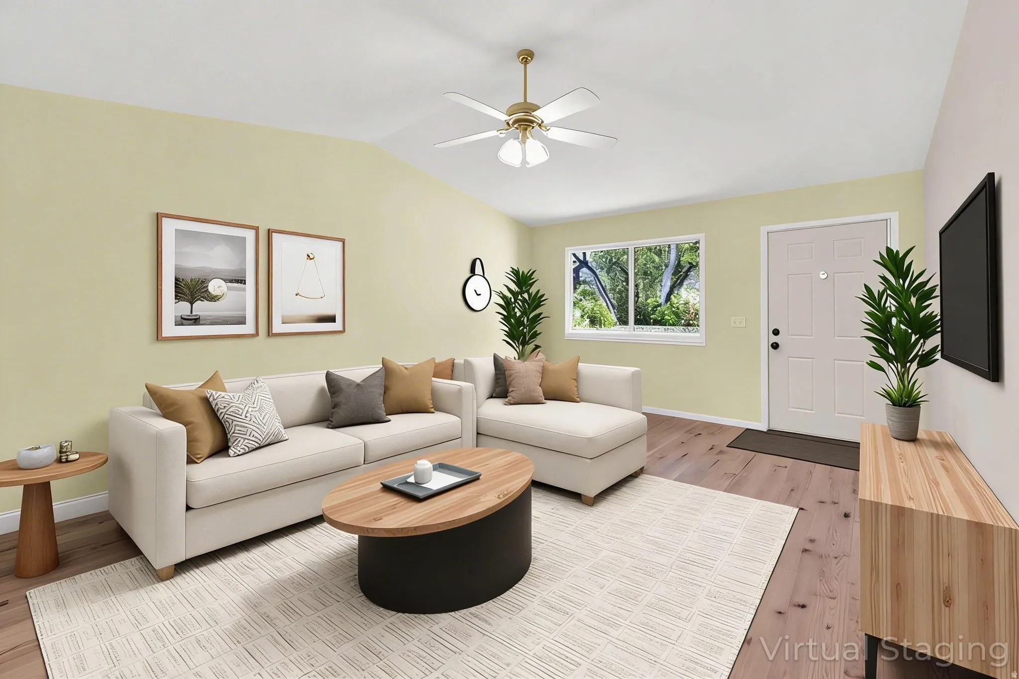 Living room with ceiling fan, light wood-style floors, and lofted ceiling-VIRTUAL STAGING