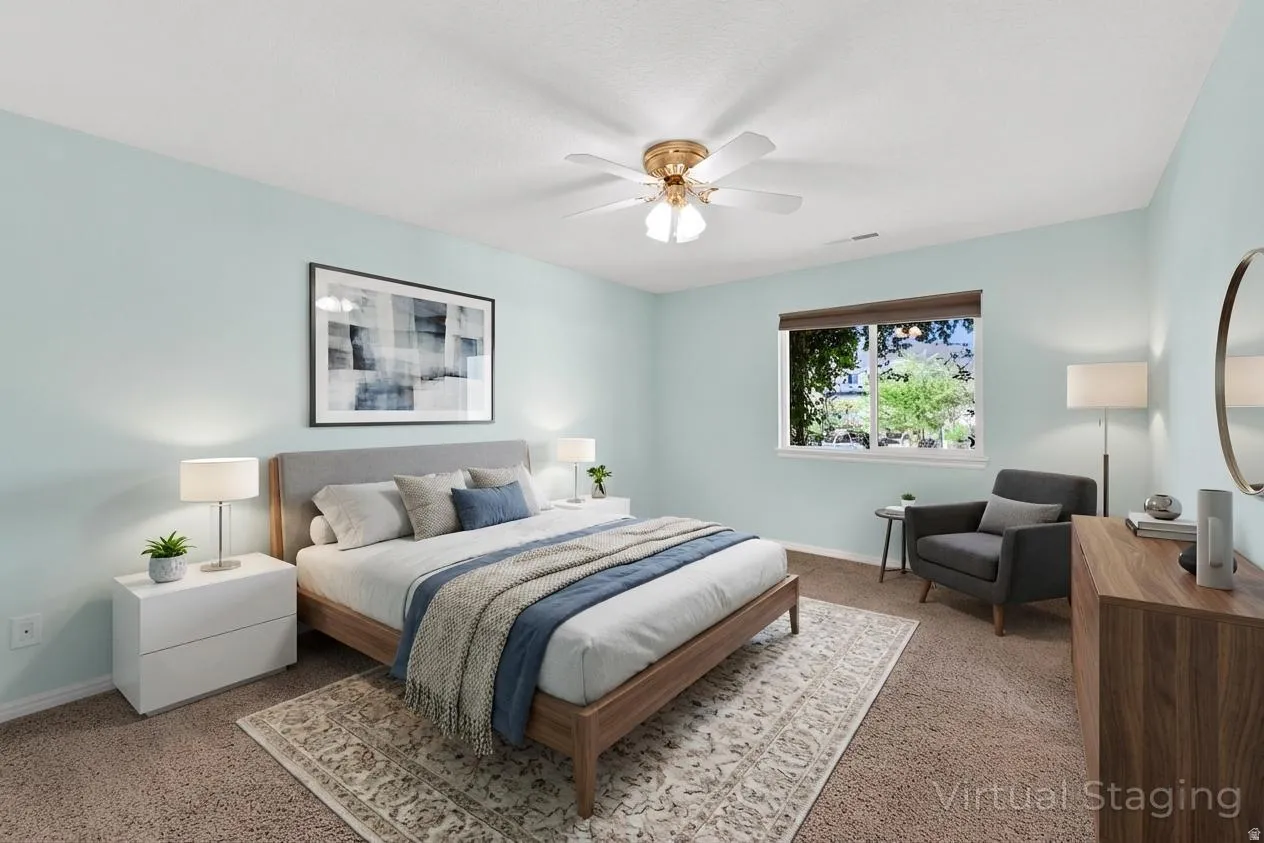 Bedroom with baseboards and a ceiling fan VIRTUAL STAGING