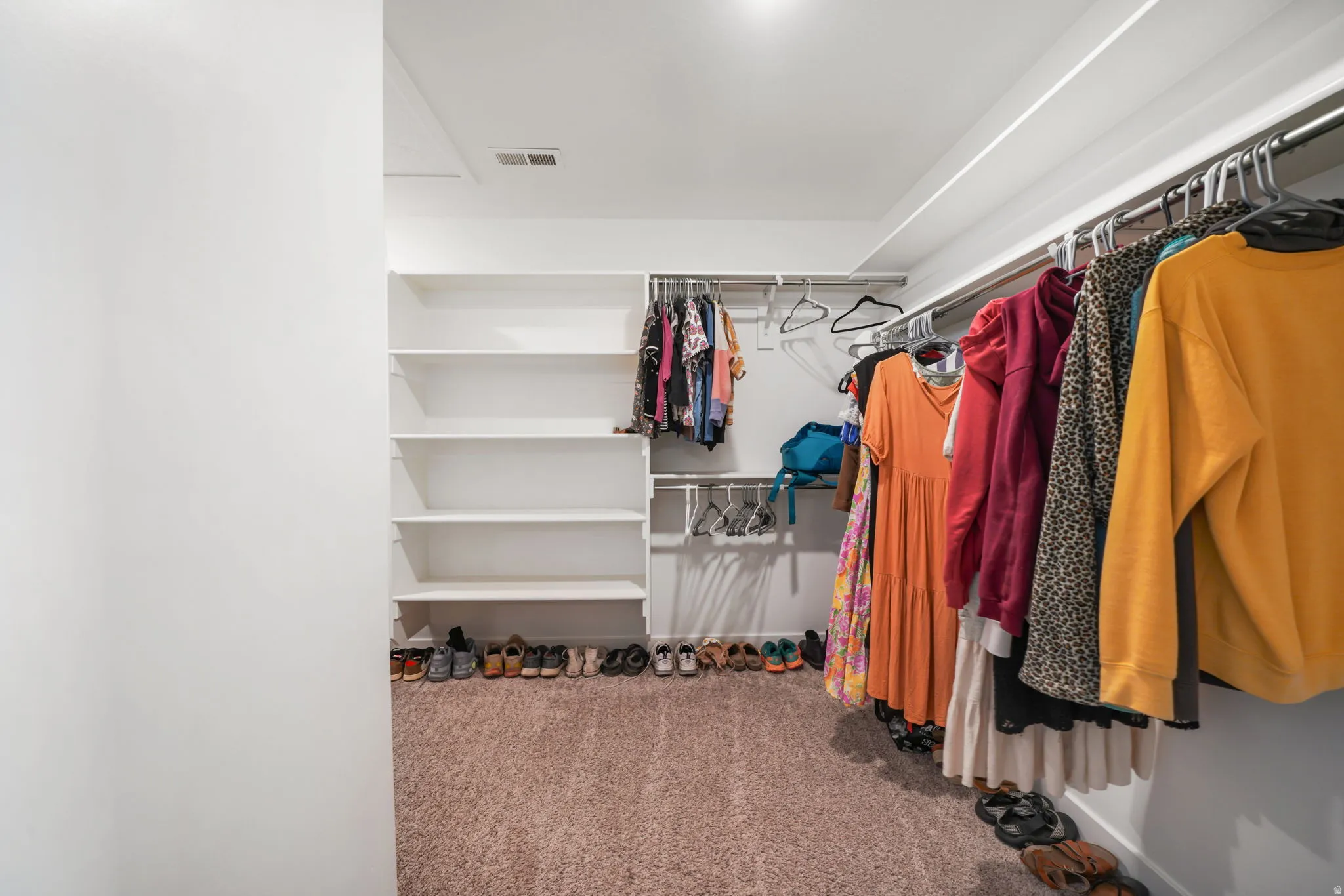 Walk in closet with carpet floors