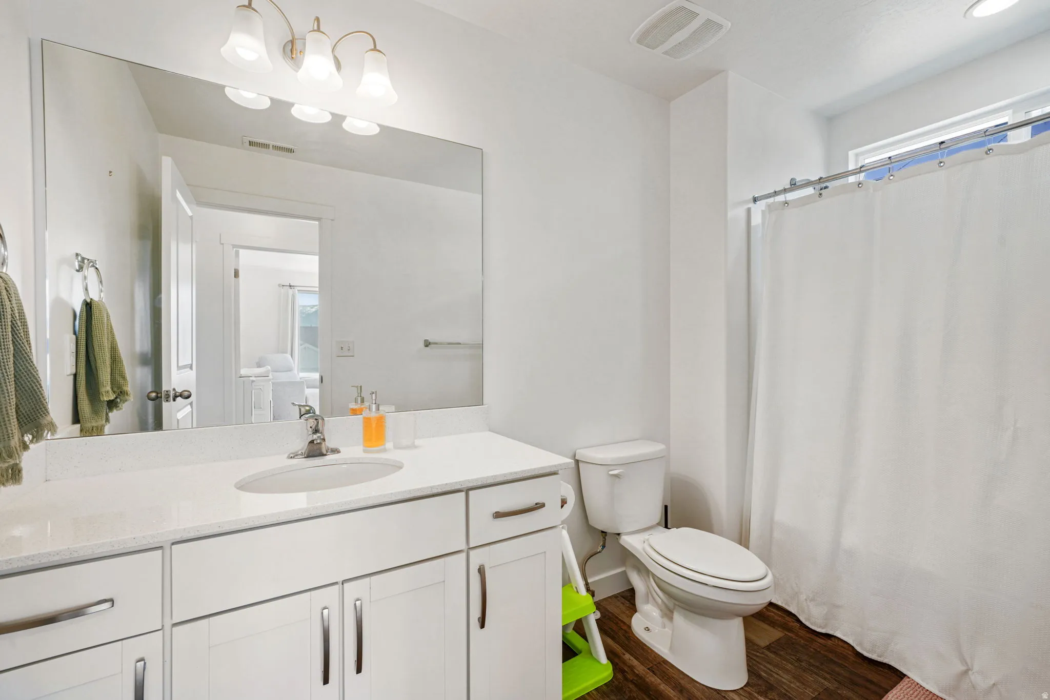 Bathroom featuring a shower with shower curtain, dark wood finished floors, and vanity