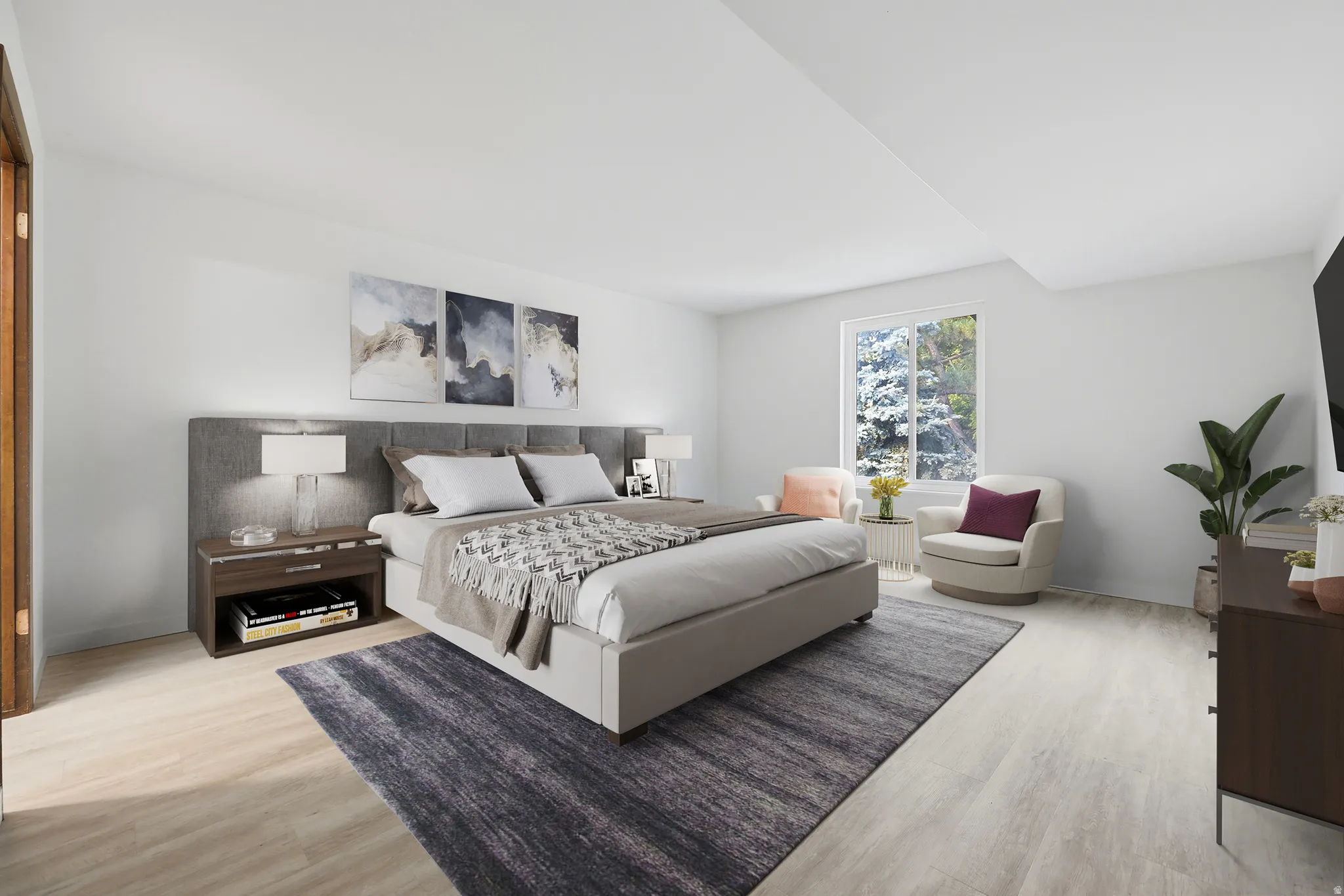 Spacious room featuring light wood-finish flooring, a large window, and light-toned walls. Virtually Staged.