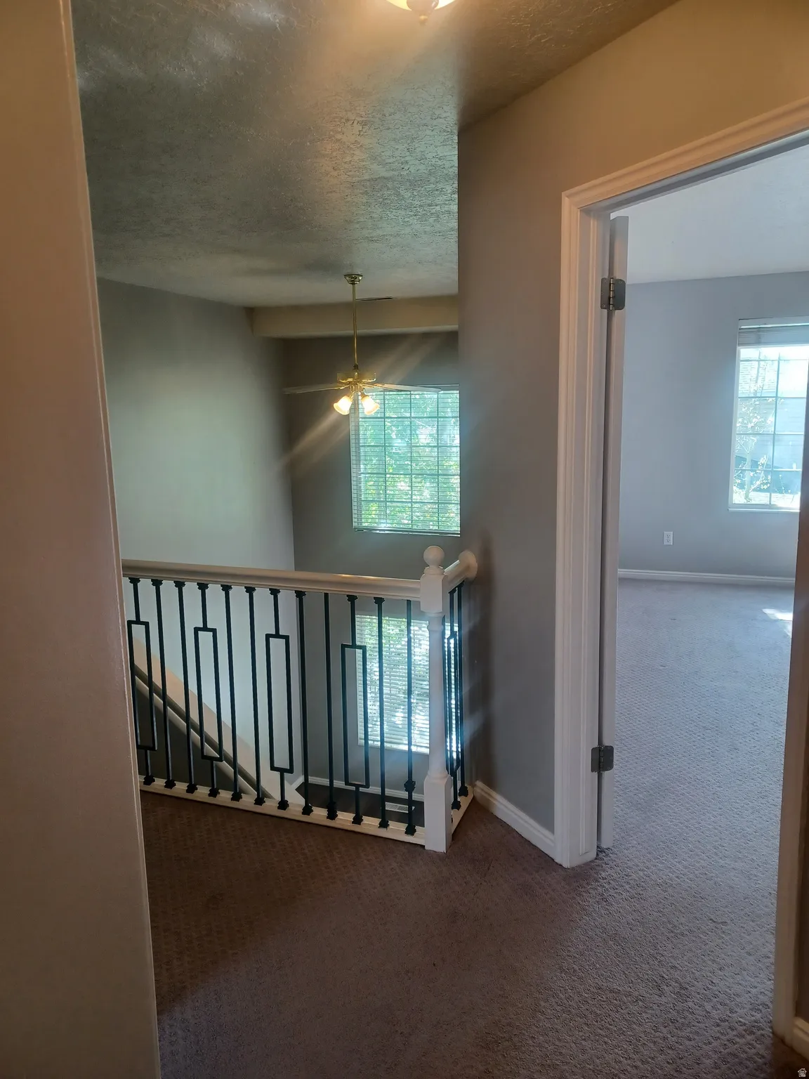 Upstairs landing with carpet, with healthy amount of natural light, and a textured ceiling