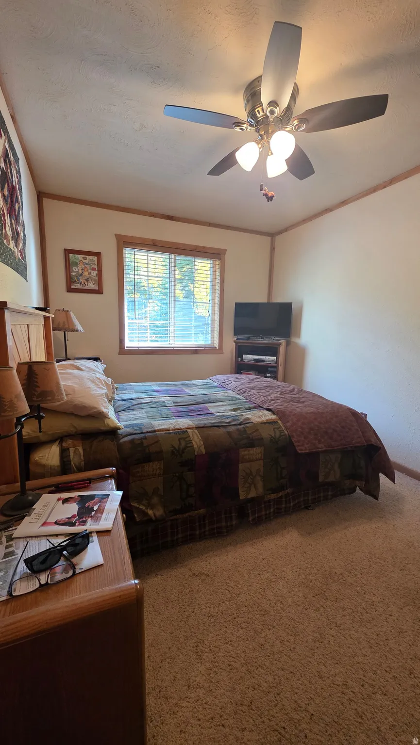 Bedroom featuring carpet floors, ornamental molding, ceiling fan, and a textured ceiling