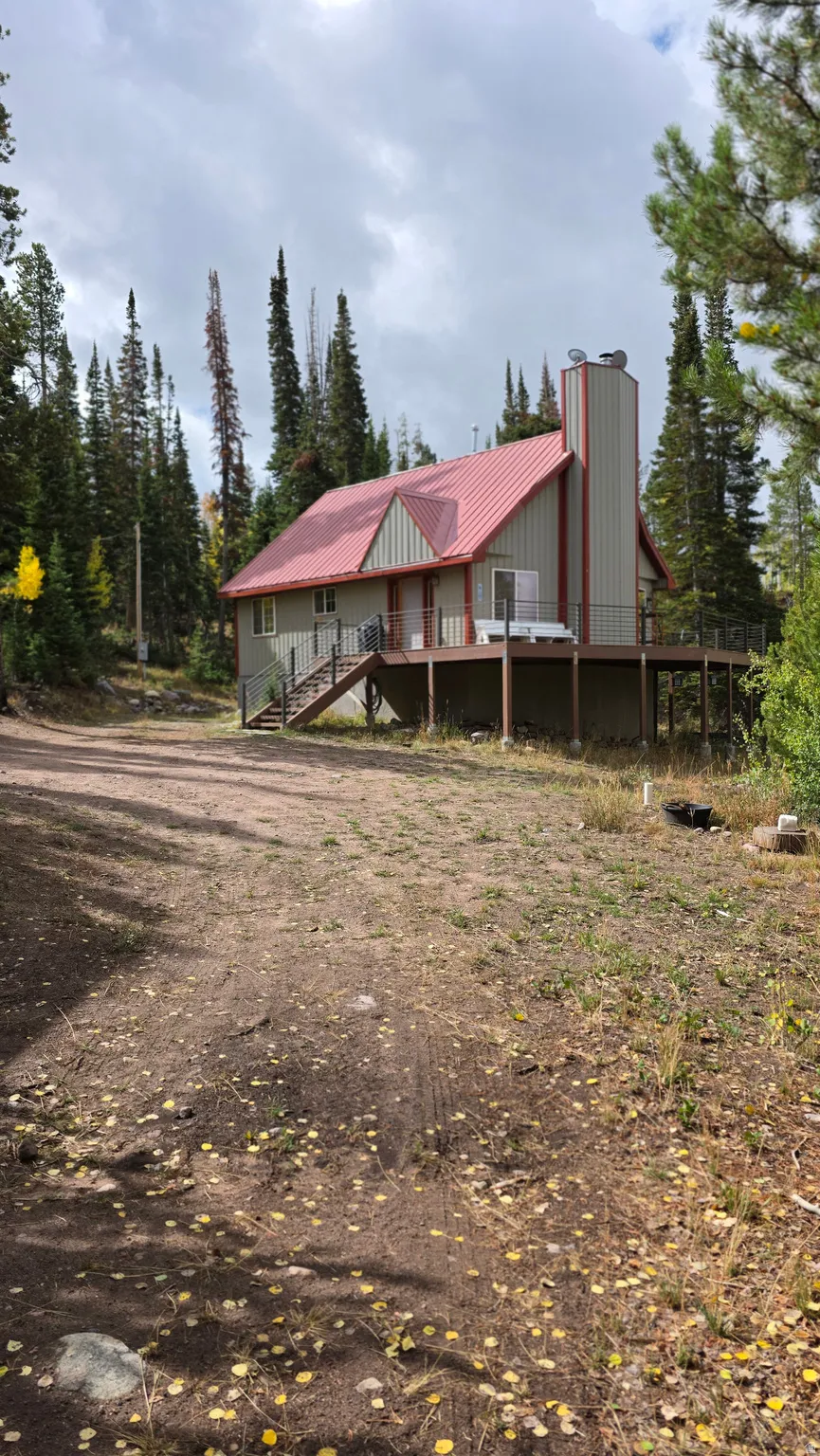 View of front facade with a metal roof, a deck, a chimney, and driveway
