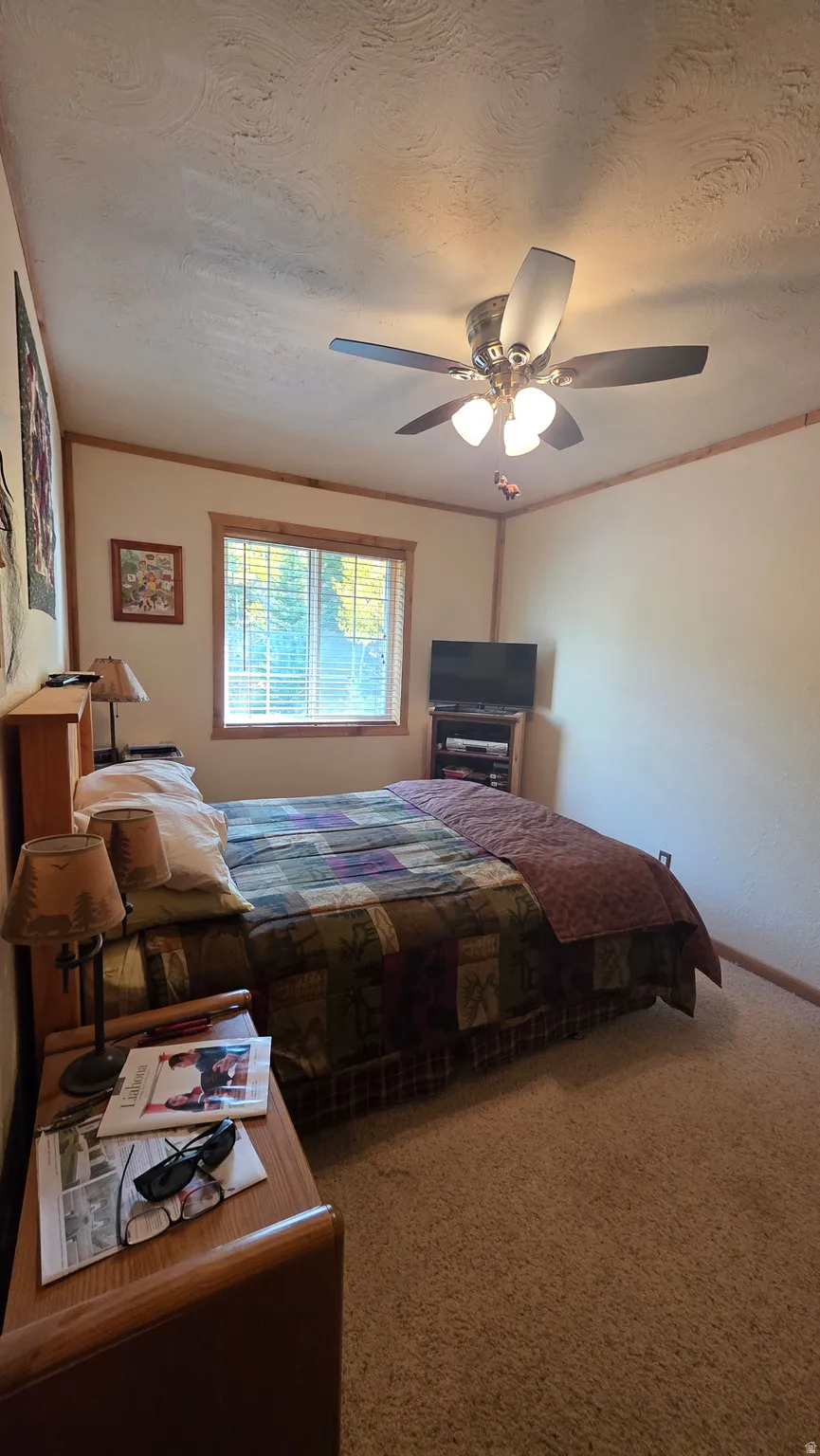Carpeted bedroom with a textured ceiling, a ceiling fan, and crown molding