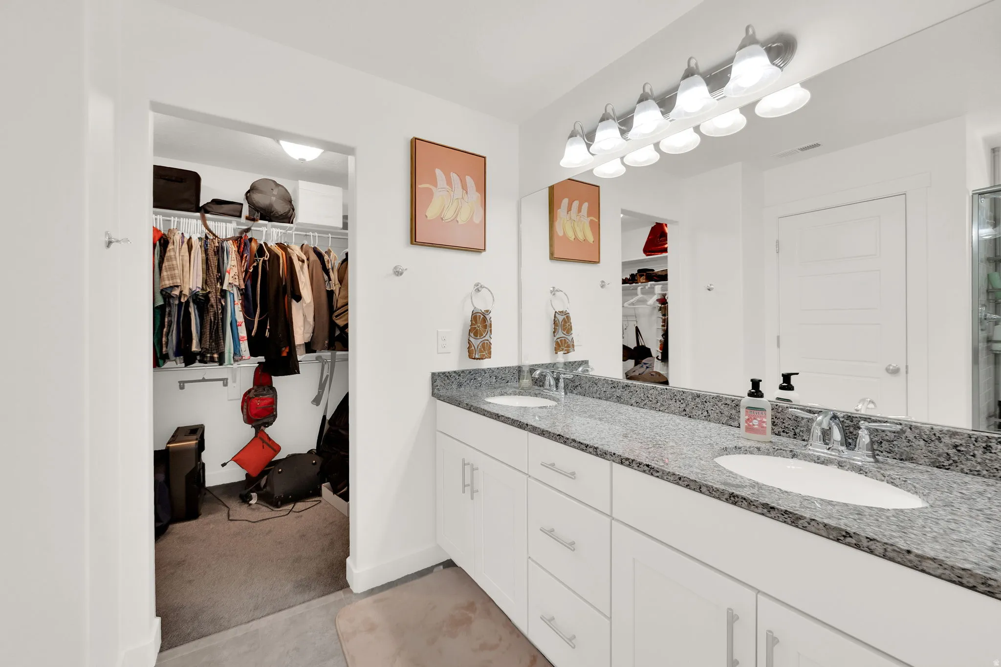 Full bathroom with a walk in closet, double vanity, and light carpet