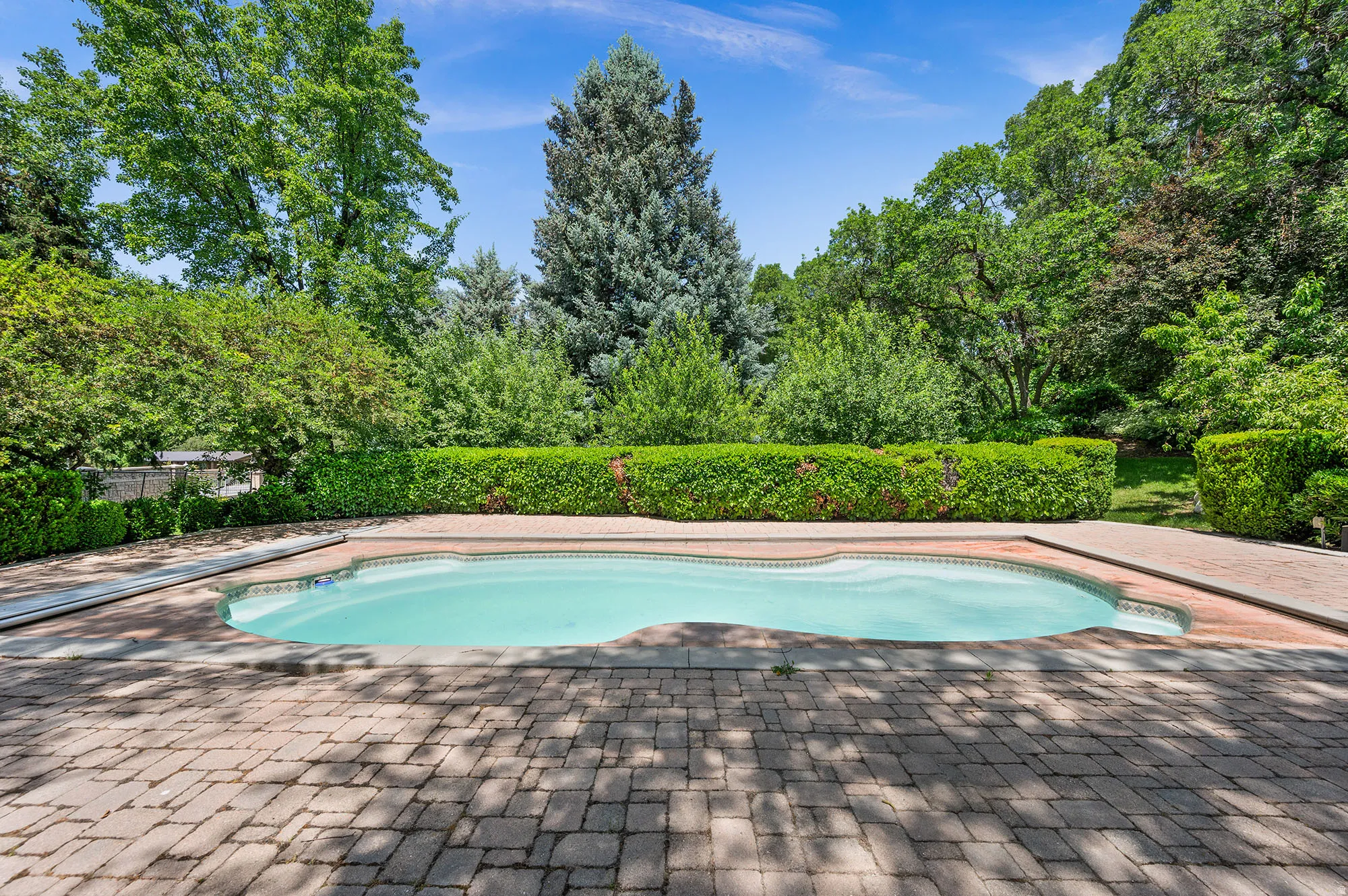 Outdoor pool with a patio, a fenced backyard, and view of wooded area