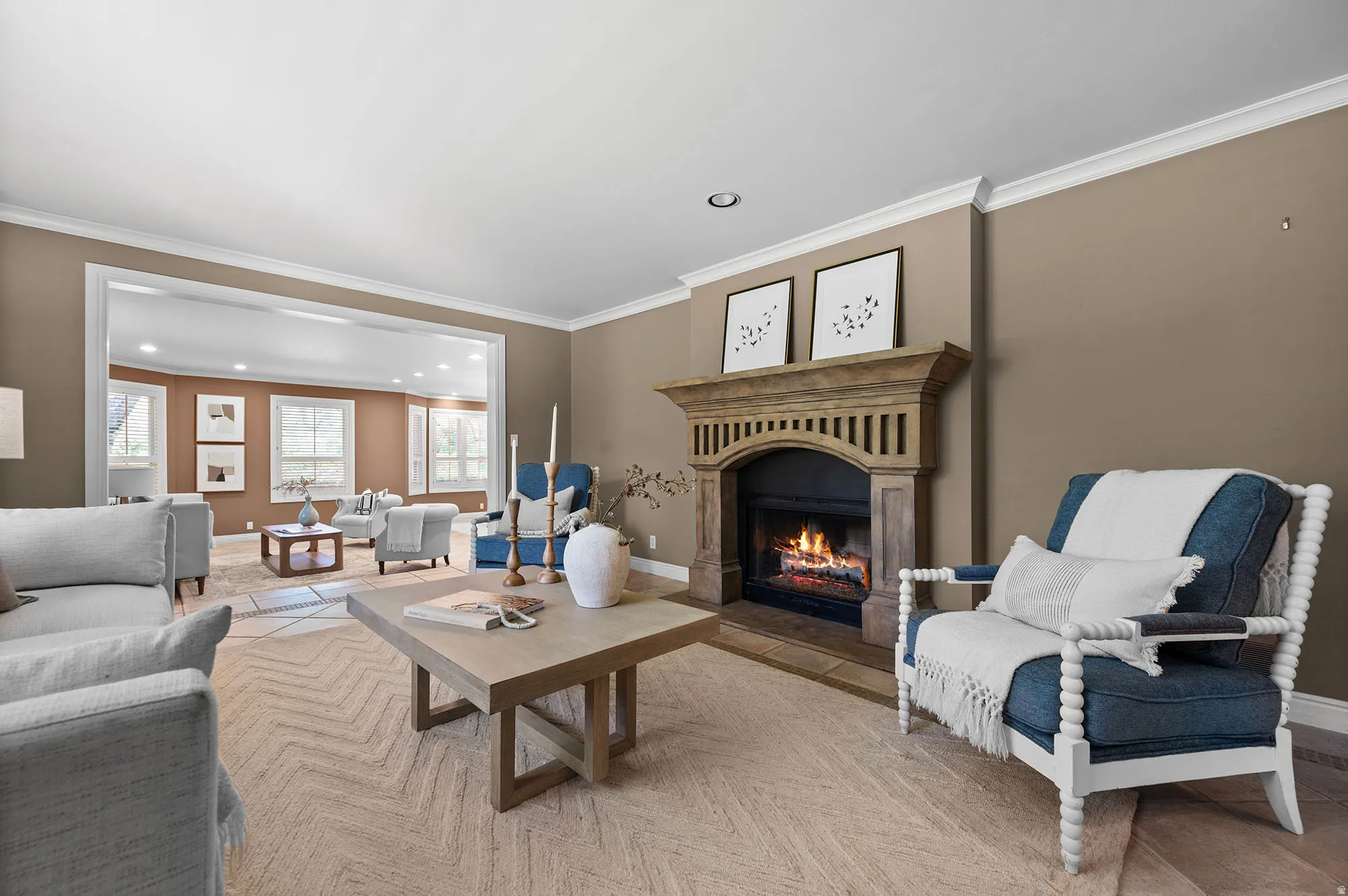 Living room with a fireplace. Front of house.