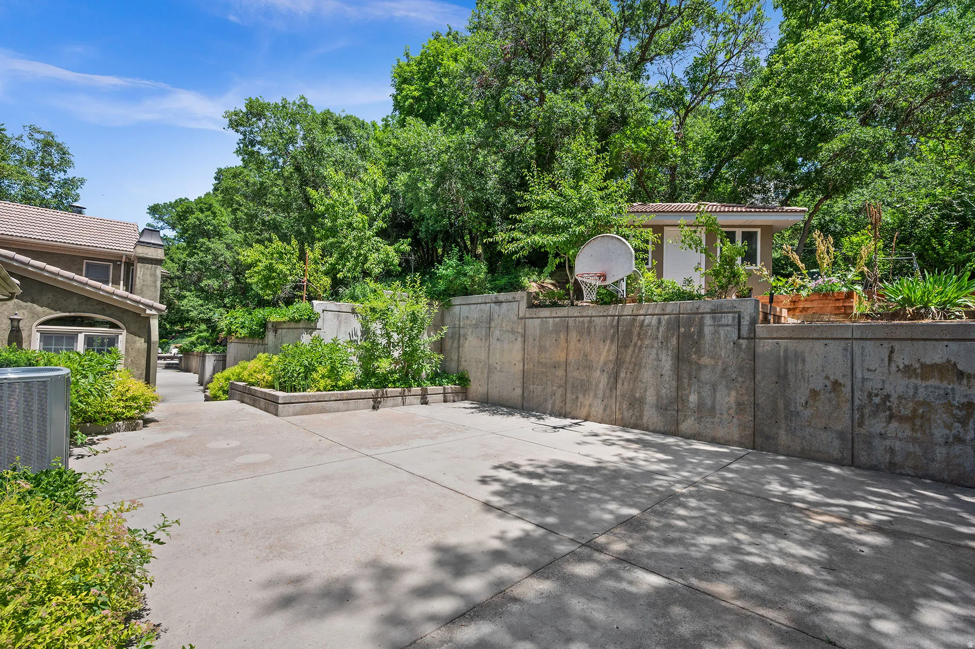 Cement area with basketball hoop and entrance to upper gardens. Can be a kids bike area as well.
