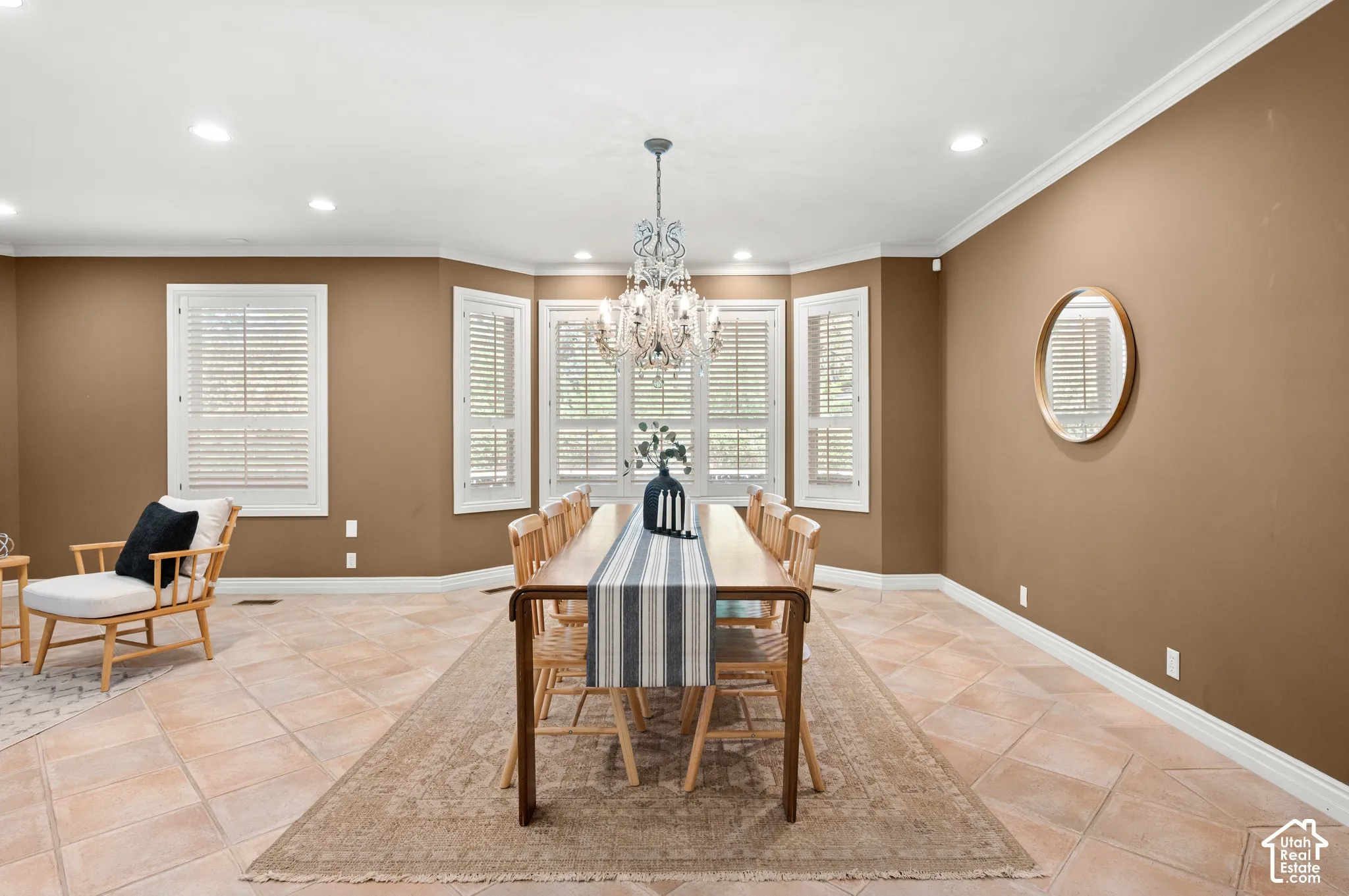Dining room and suspended large chandelier.