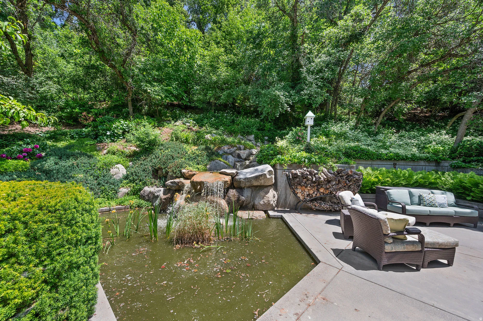 View of patio, waterfall and fish pond.