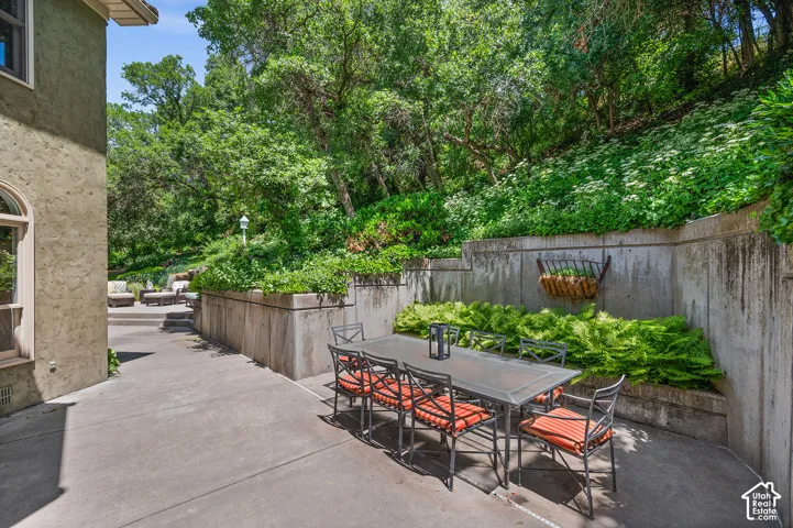 Beautiful outdoor dining area surrounded by ferns and ivy.