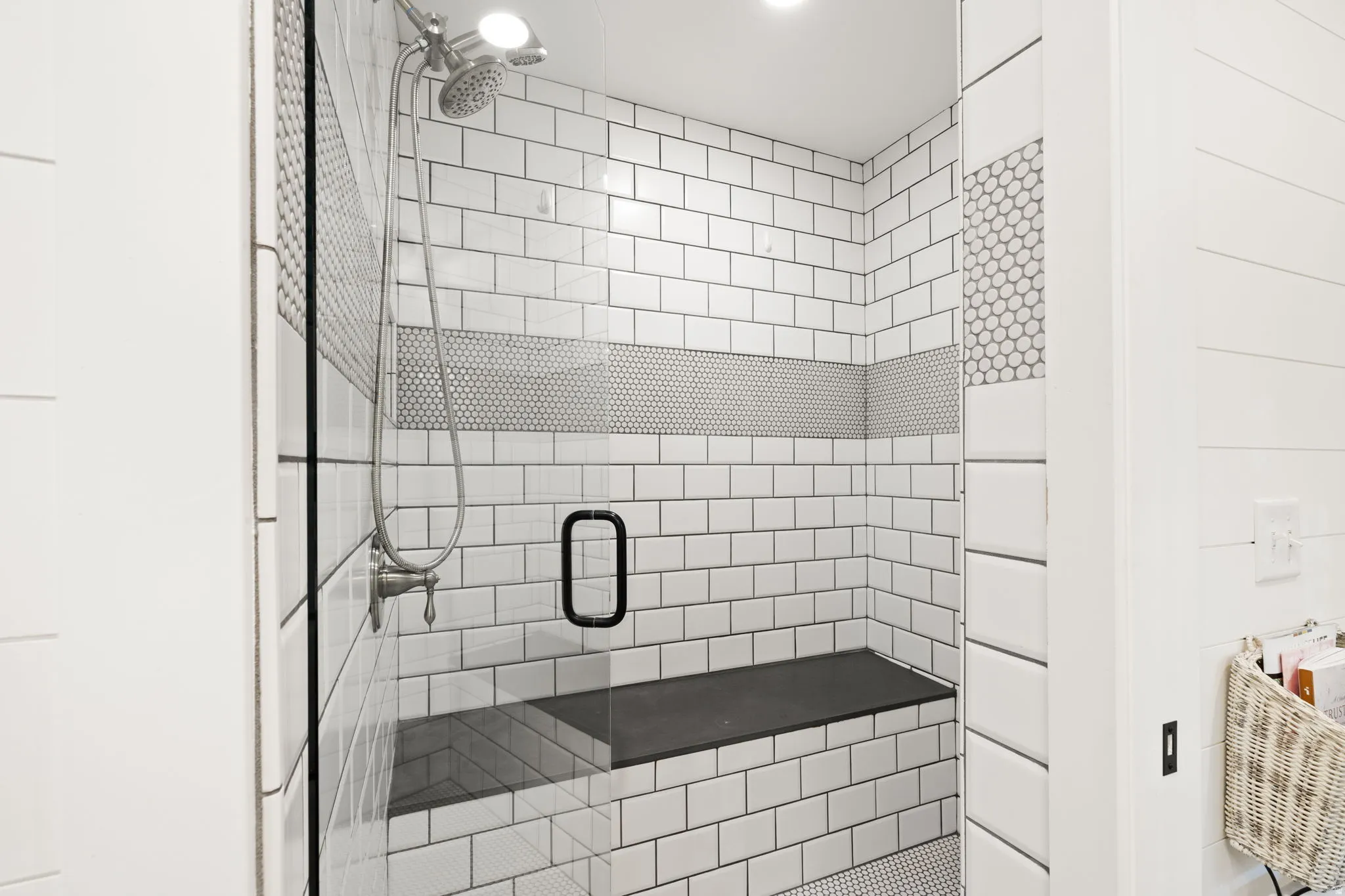Primary bathroom shower with dual showerheads