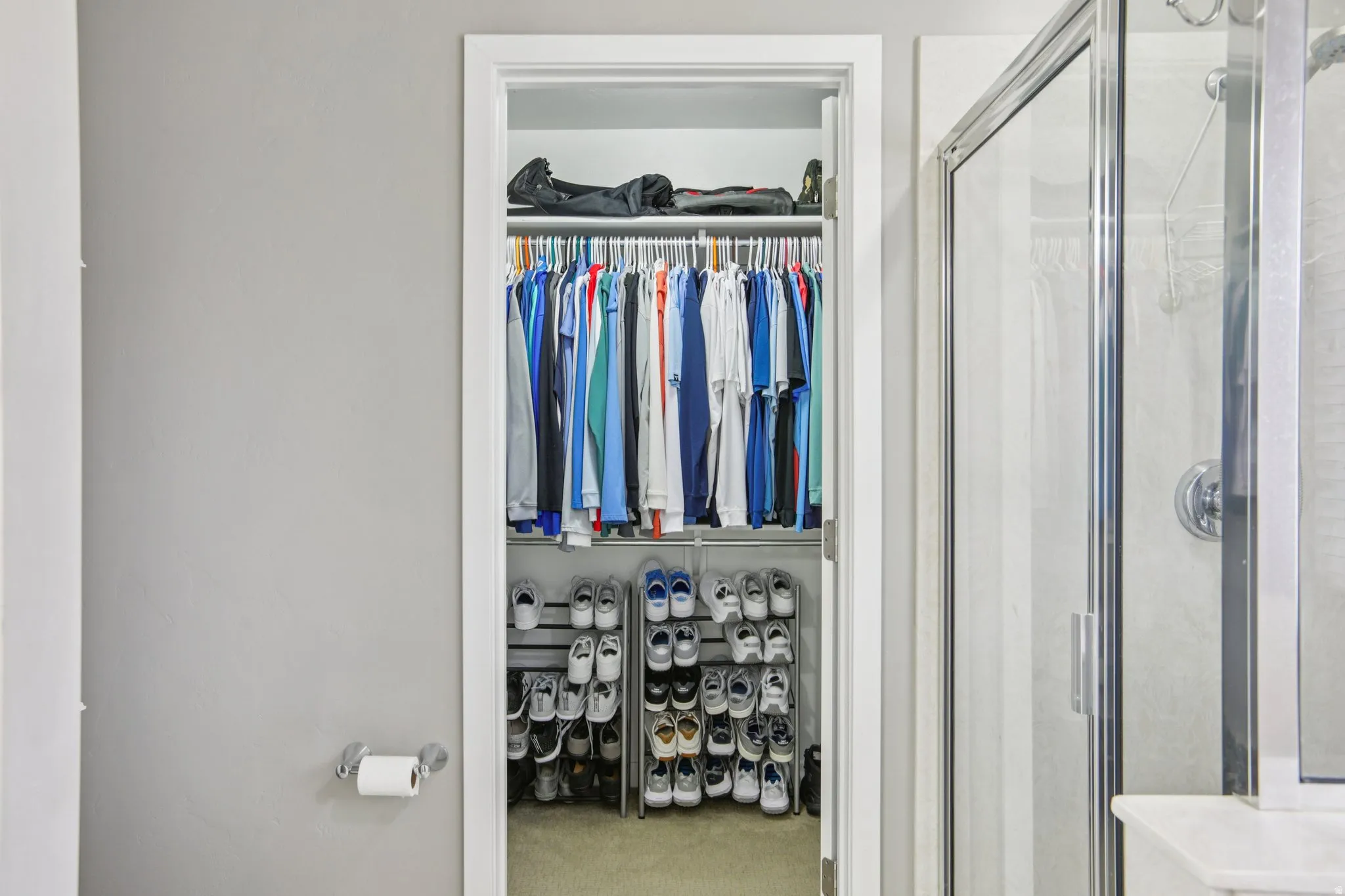 Master Bathroom featuring a stall shower, a spacious closet, and light carpet