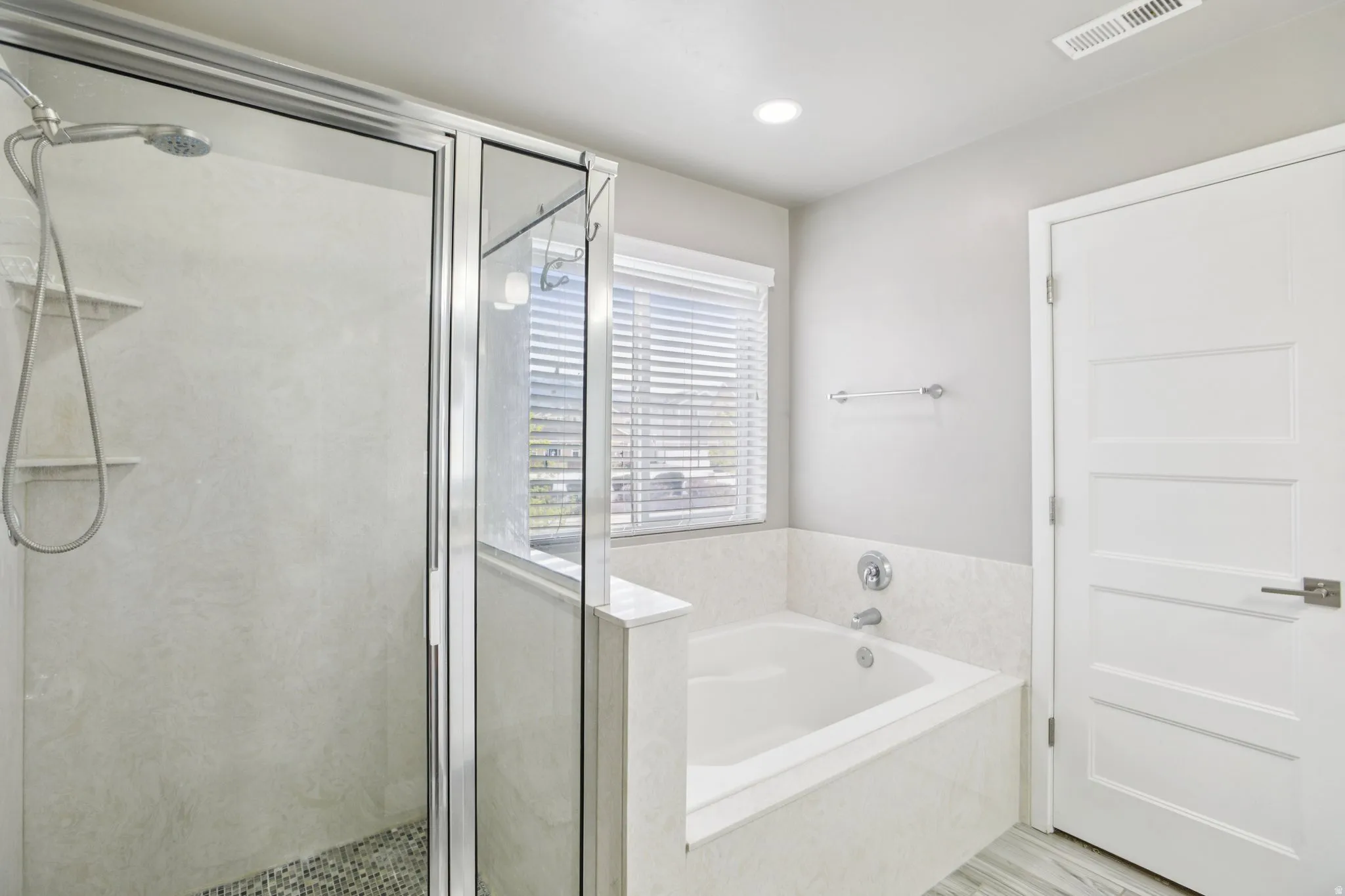 Master Full bath with a shower stall, a bath, and recessed lighting