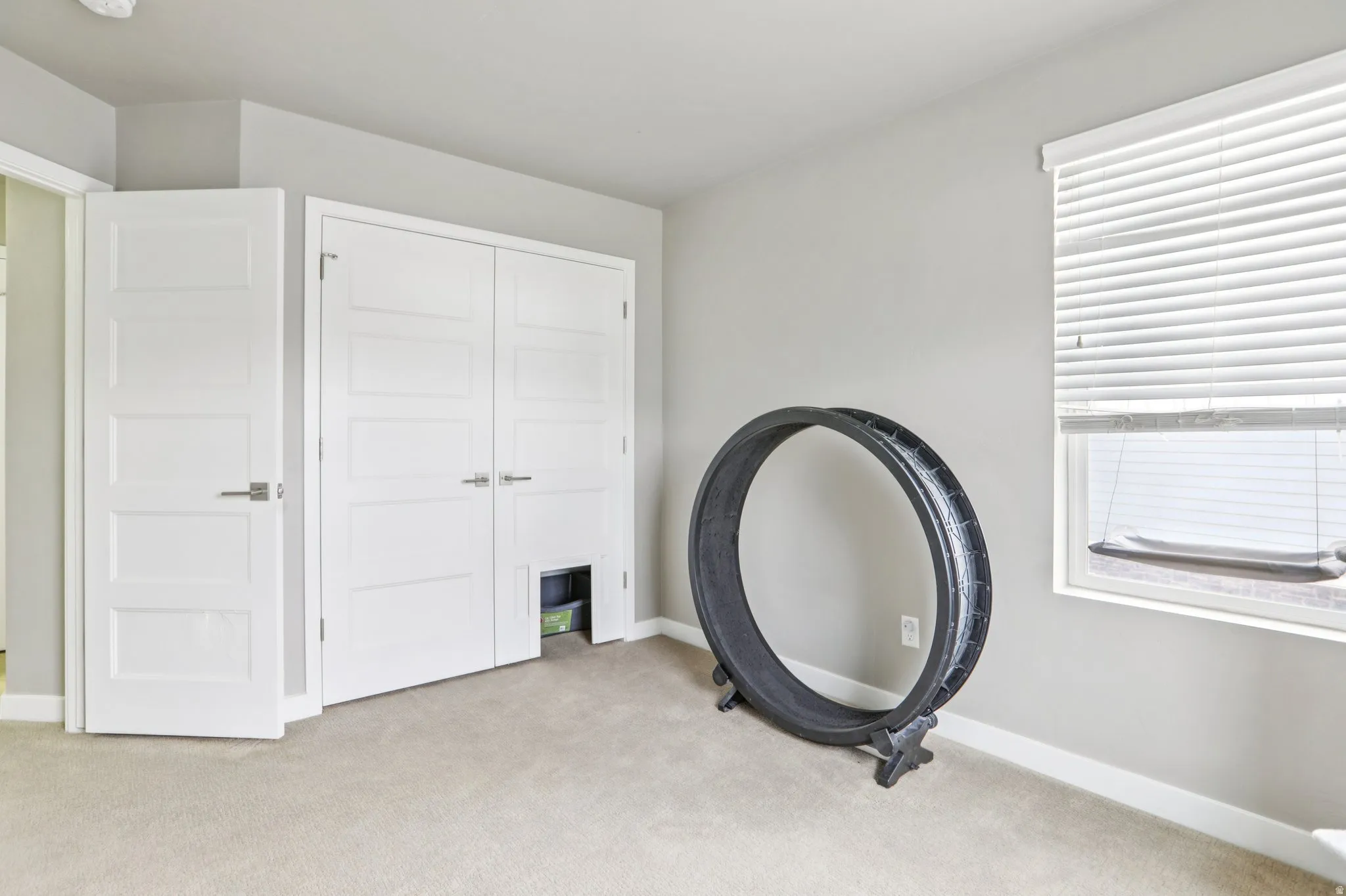 Unfurnished bedroom with light colored carpet and a closet