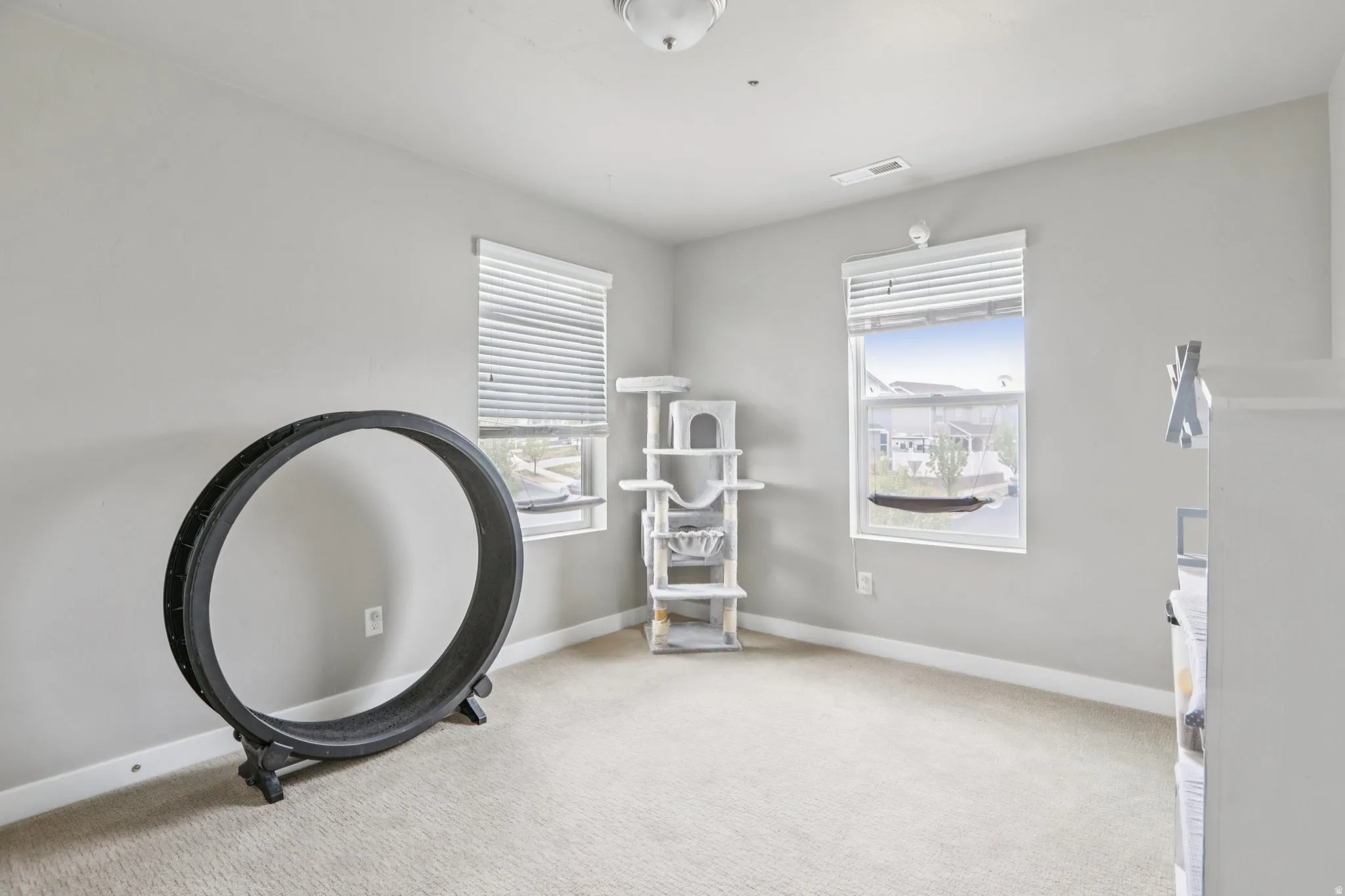 Misc room with baseboards and light carpet